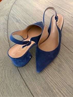 Sam Edelman Navy Suede Pointed Toe Slingback Block Mules